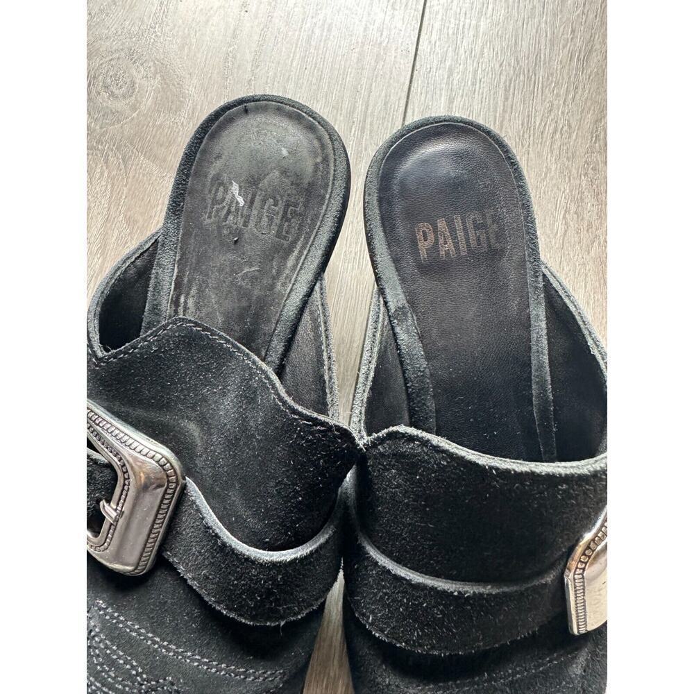 Paige Womens Size 6 Black Suede Western Buckle Bohemian Kensington Mules Heels - Picture 5 of 10